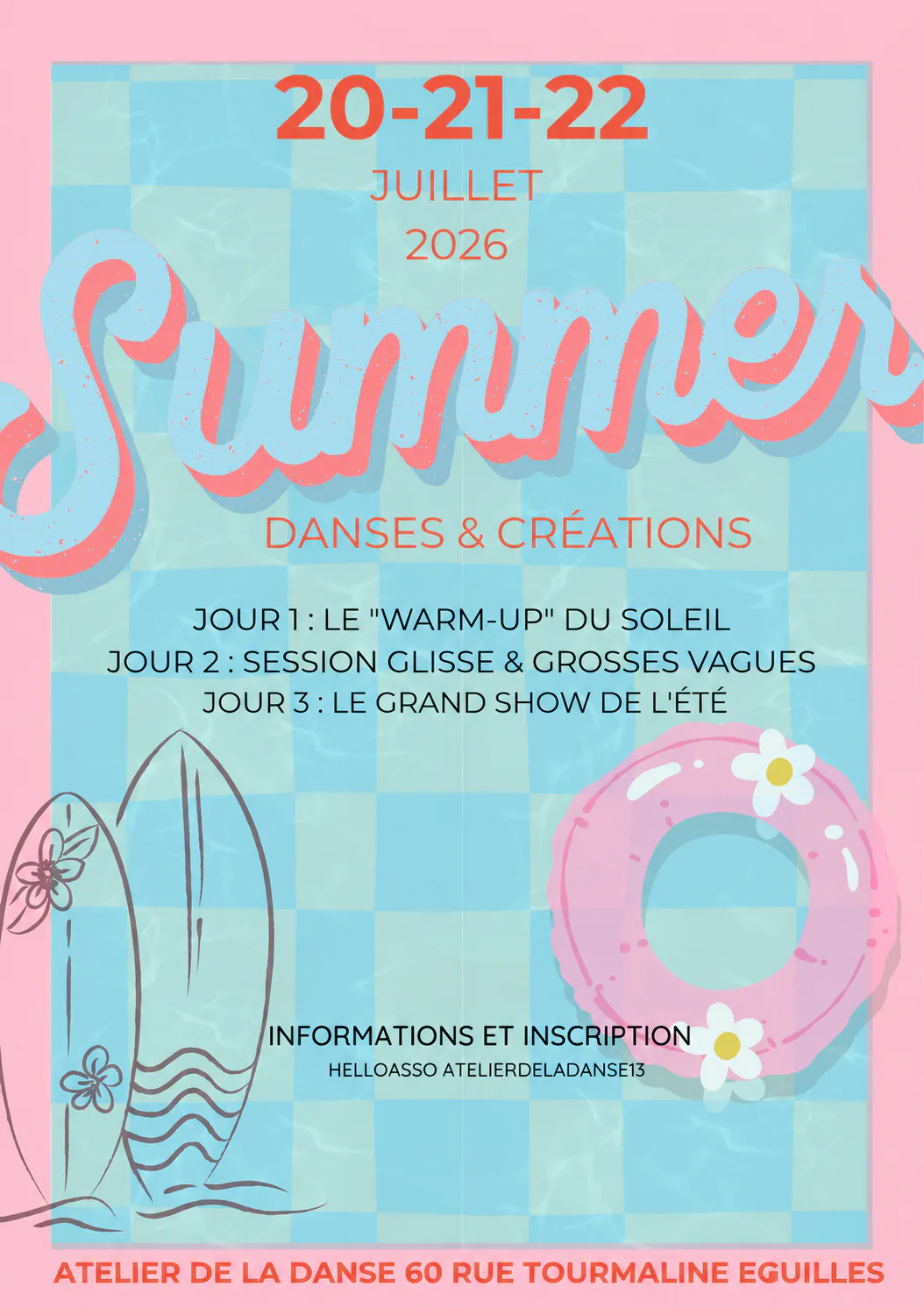 Affiche du stage d'été 2026 : 20, 21 et 22 juillet, danses et créations